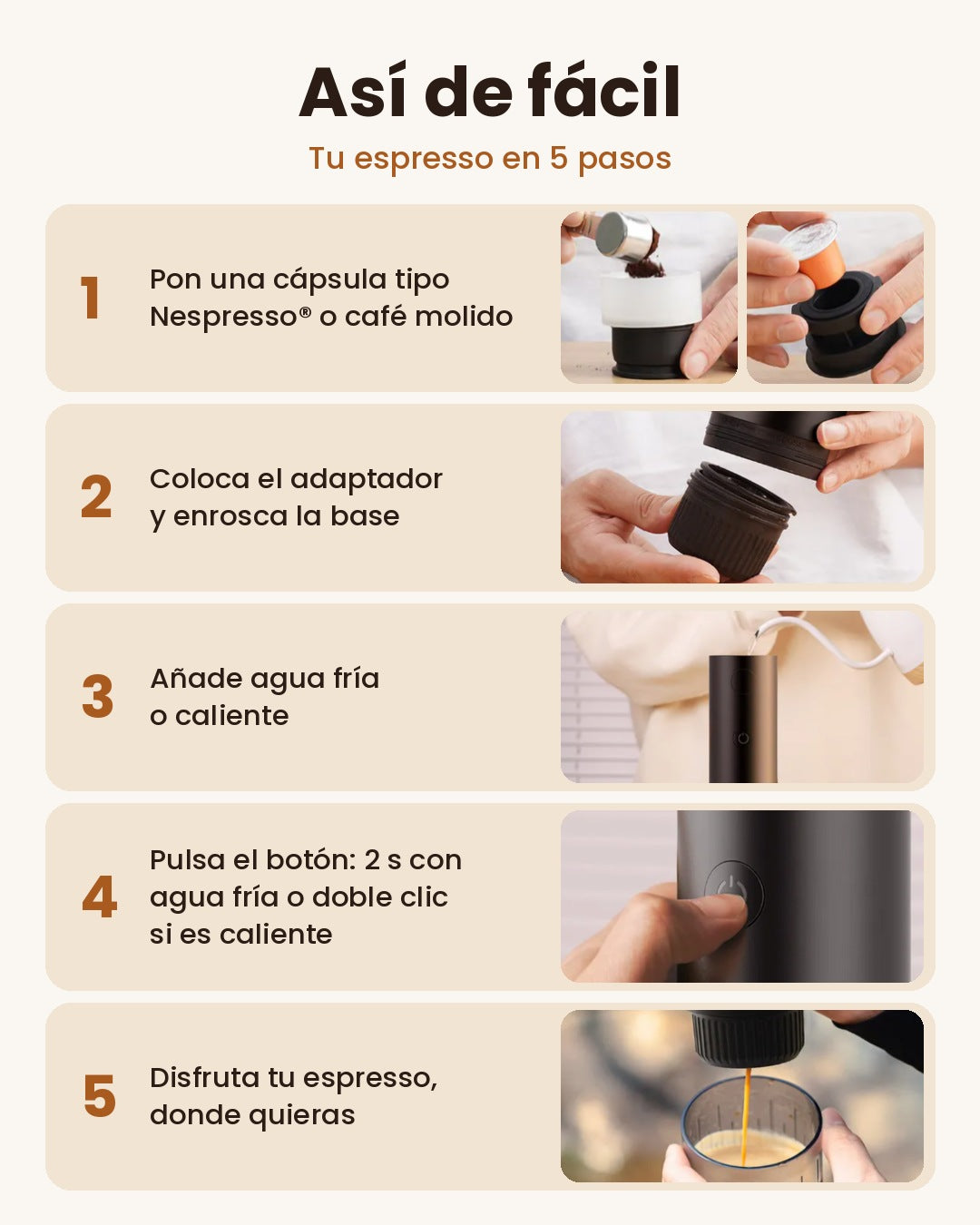 Cómo se usa la cafetera espresso portátil Brumo en 5 pasos