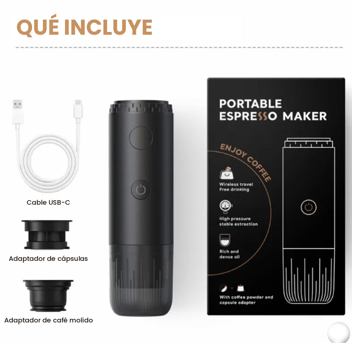Qué incluye la cafetera portátil Brumo: cafetera, adaptadores y cable USB-C