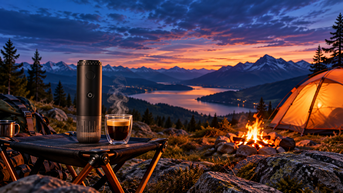 Cafetera portátil Brumo de camping al atardecer