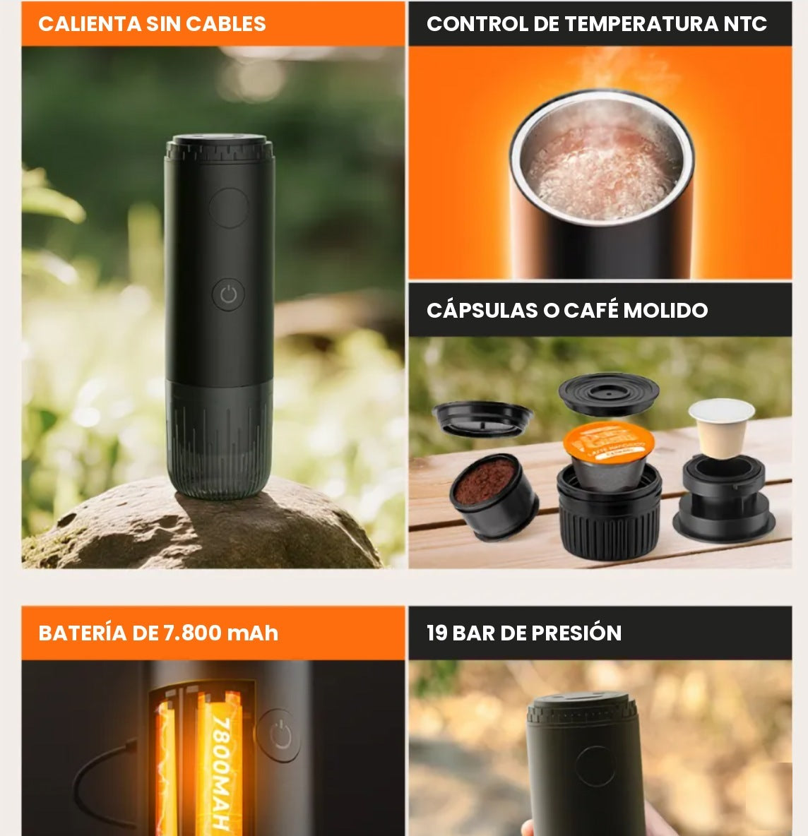 Ventajas de la cafetera portátil Brumo: calienta sin cables, 19 bar, batería 7.800 mAh
